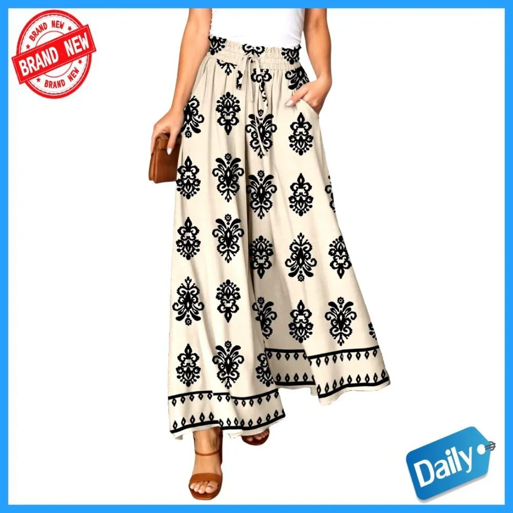 Women's Elastic Waist Wide Leg Pants with Pockets Casual Comfort - Picture 1 of 7